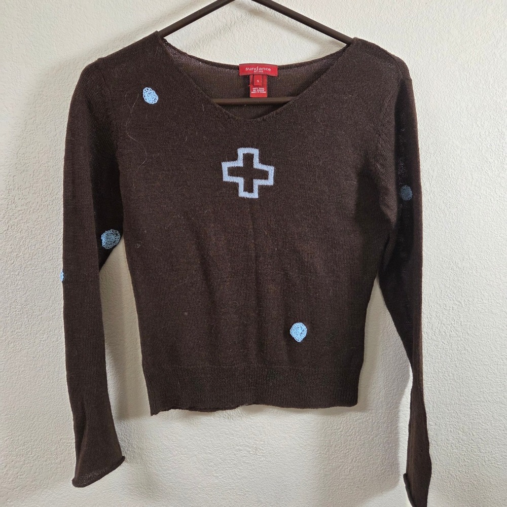 Sundance Brown 100% Wool V-Neck Sweater Cross Floral Applique Small